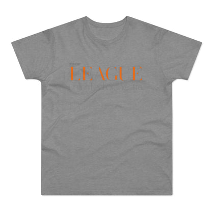 Grey t-shirt with orange "THE LEAGUE" and "unlimited orchestra" text.
