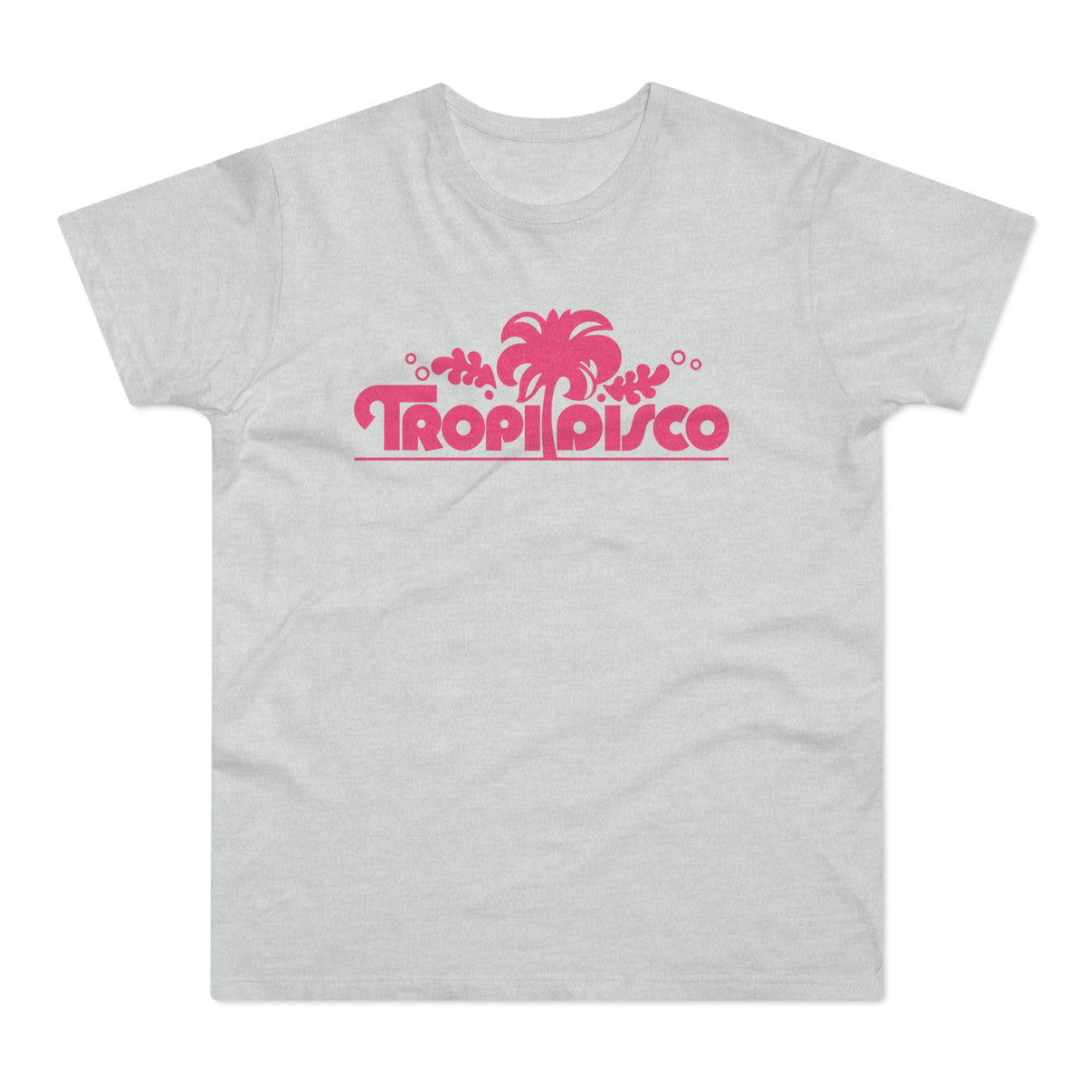 Light grey t-shirt with a pink "Tropi Disco" palm tree graphic.