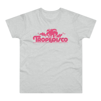 Light grey t-shirt with a pink "Tropi Disco" palm tree graphic.