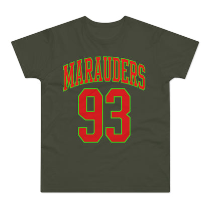 Dark green t-shirt with red "MARAUDERS" and "93" in green outline.