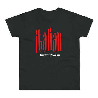 Black t-shirt with red "Italian STYLE" text on front.