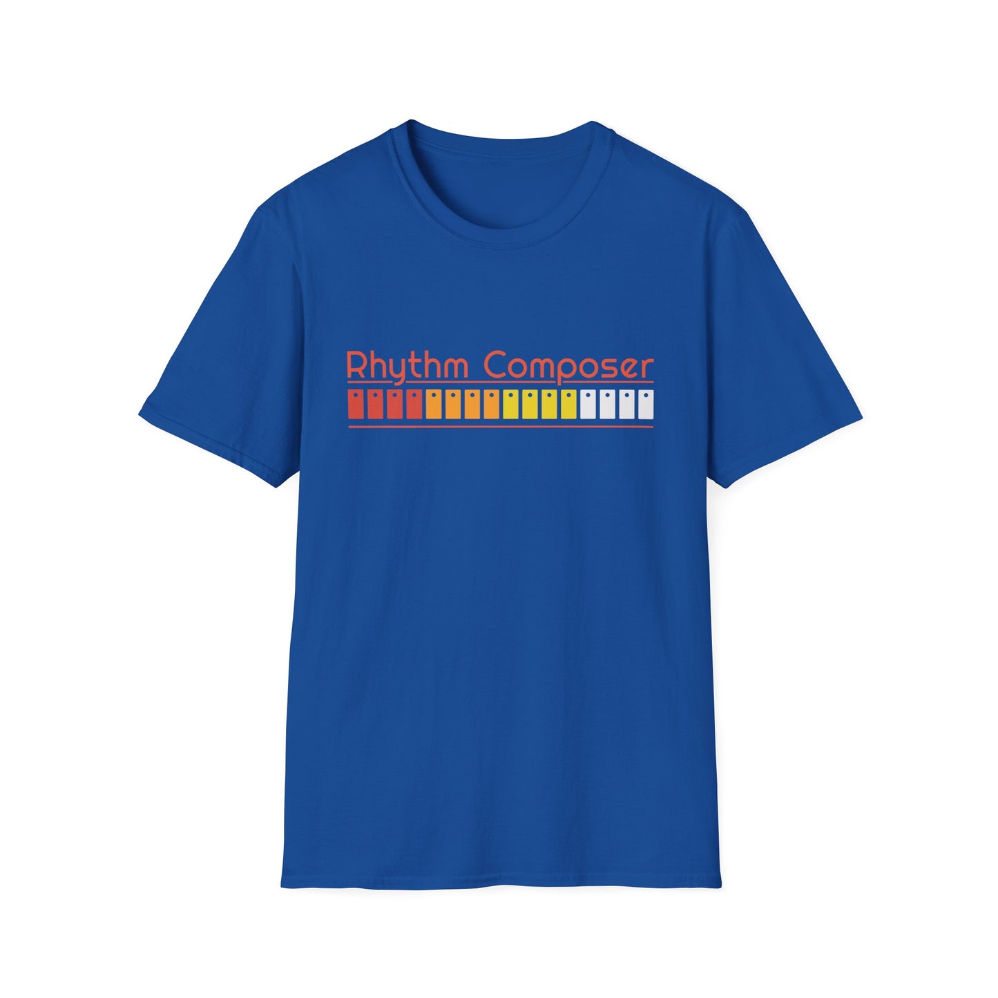 Blue t-shirt with "Rhythm Composer" text and drum machine pads graphic.