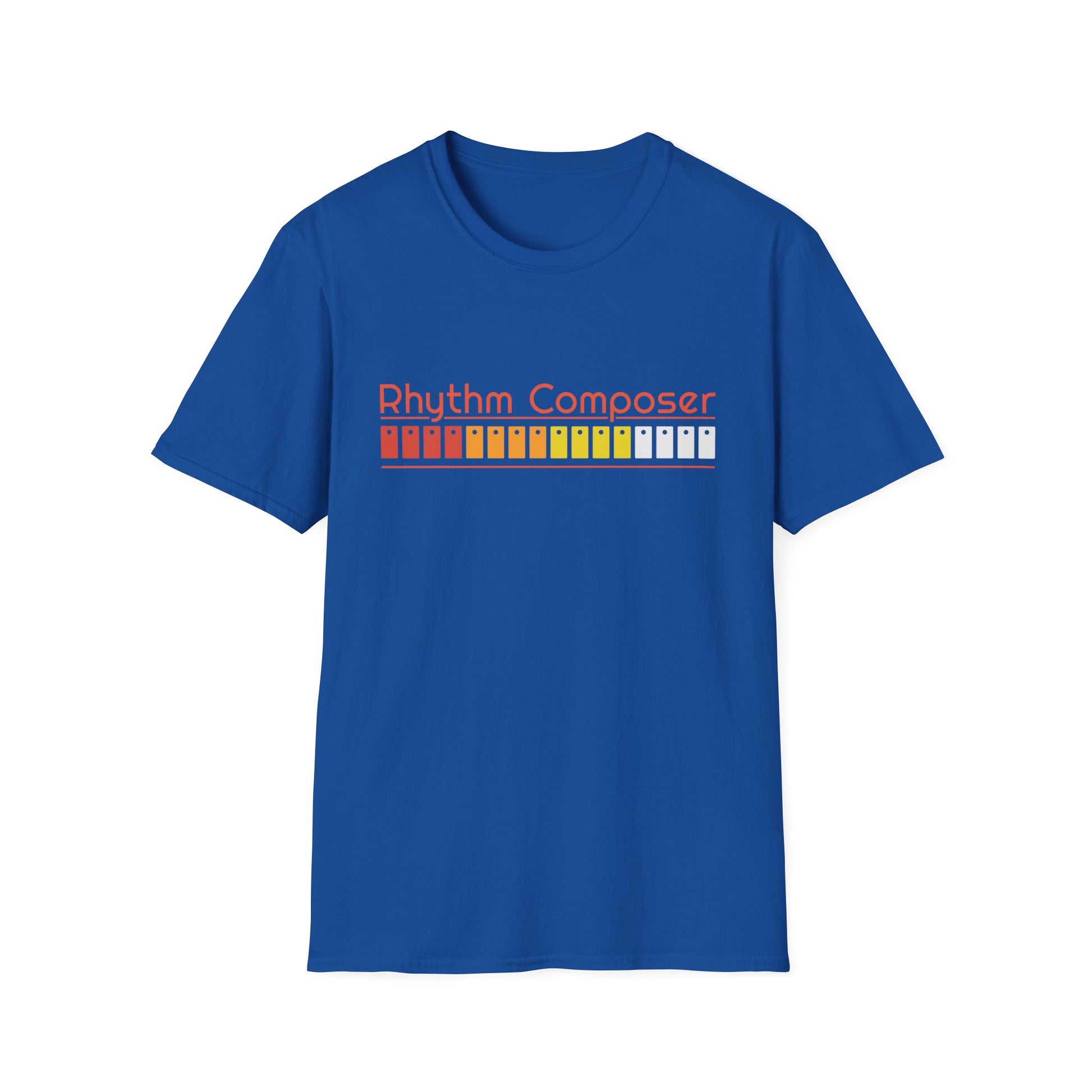 Blue t-shirt with "Rhythm Composer" text and drum machine pads graphic.