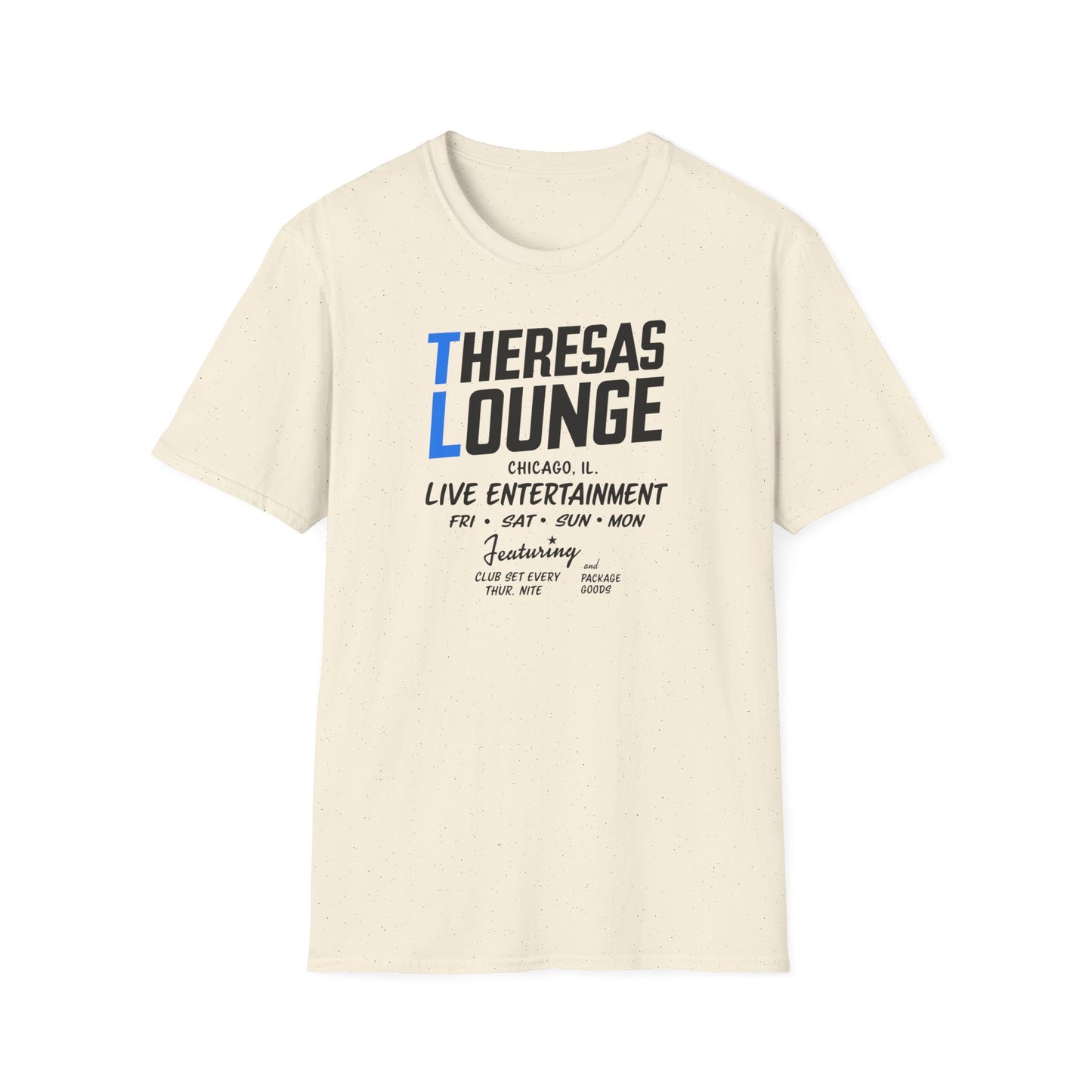 Cream t-shirt with Theresas Lounge Chicago live entertainment print