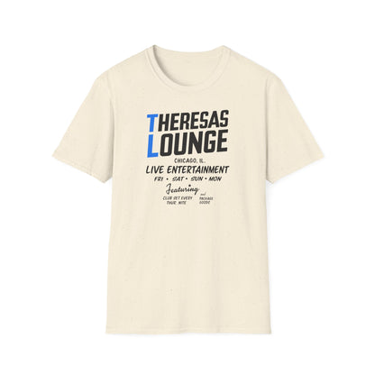 Cream t-shirt with Theresas Lounge Chicago live entertainment print
