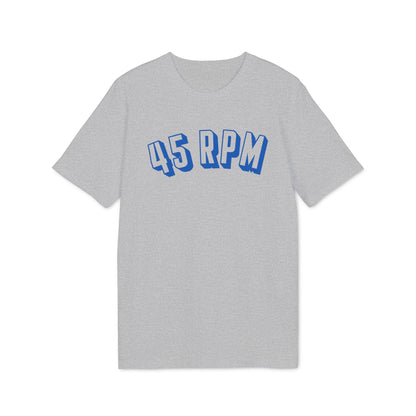 Grey t-shirt with blue "45 RPM" text