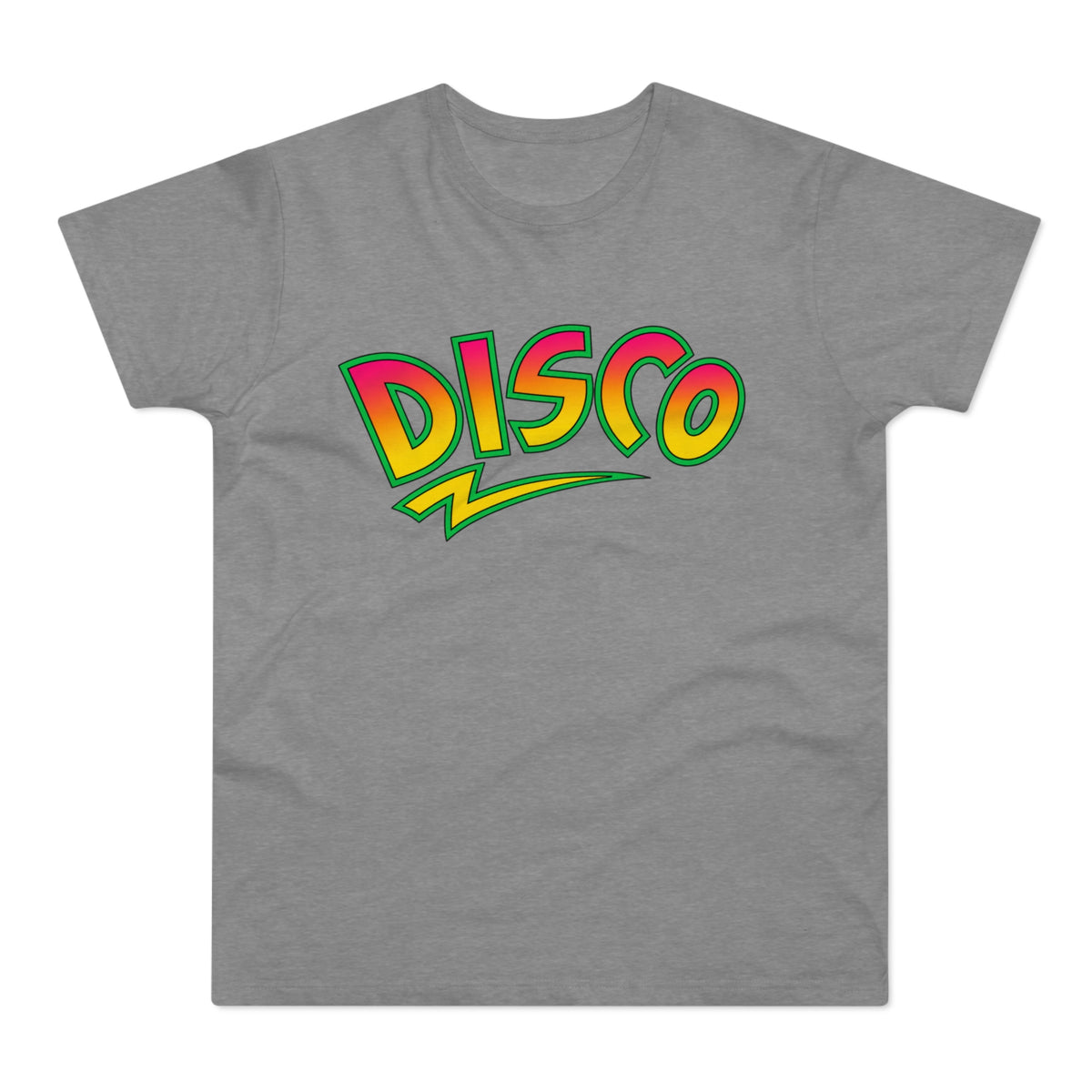 Gray t-shirt with "DISCO" text in gradient pink, orange, and yellow with a green outline.
