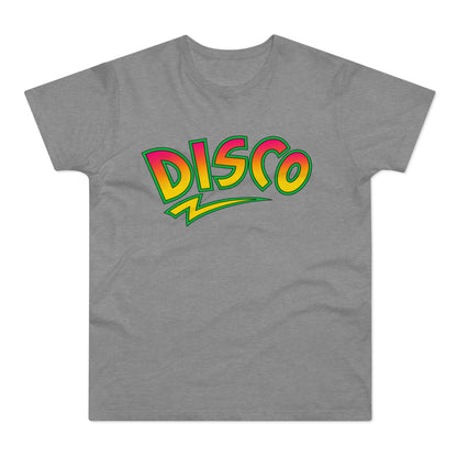 Gray t-shirt with "DISCO" text in gradient pink, orange, and yellow with a green outline.