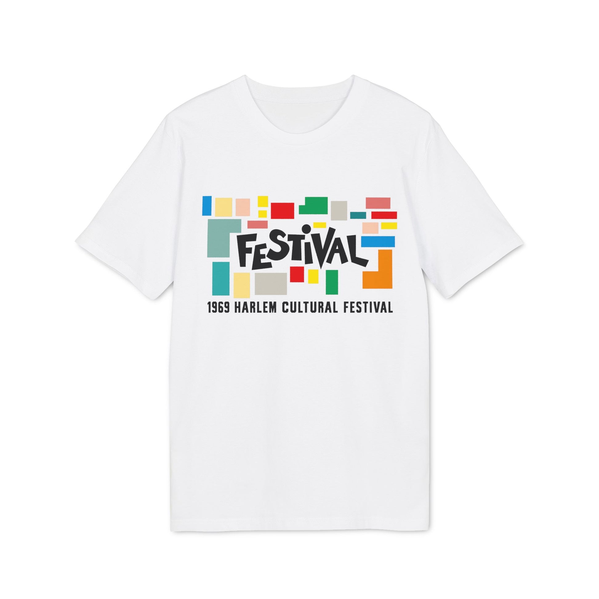 White t-shirt with "Festival" and "1969 Harlem Cultural Festival" text graphics.