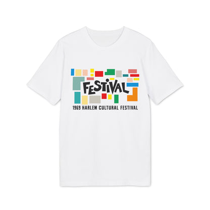 White t-shirt with "Festival" and "1969 Harlem Cultural Festival" text graphics.