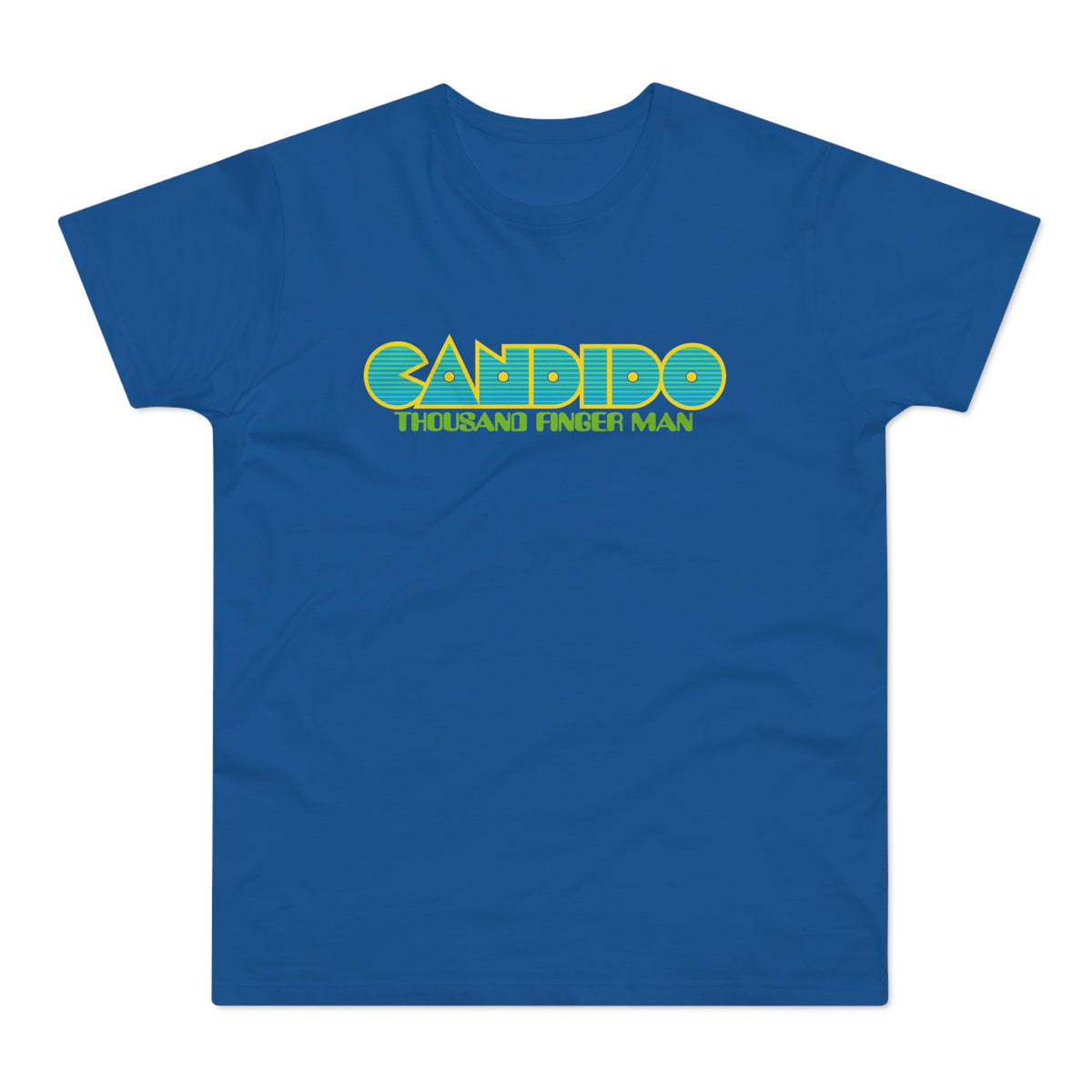 Blue t-shirt with yellow and teal text that reads CANDIDO THOUSAND FINGER MAN.