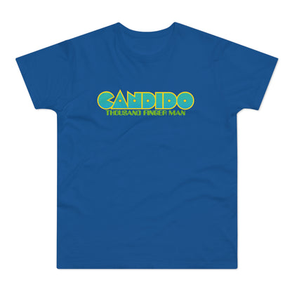 Blue t-shirt with yellow and teal text that reads CANDIDO THOUSAND FINGER MAN.
