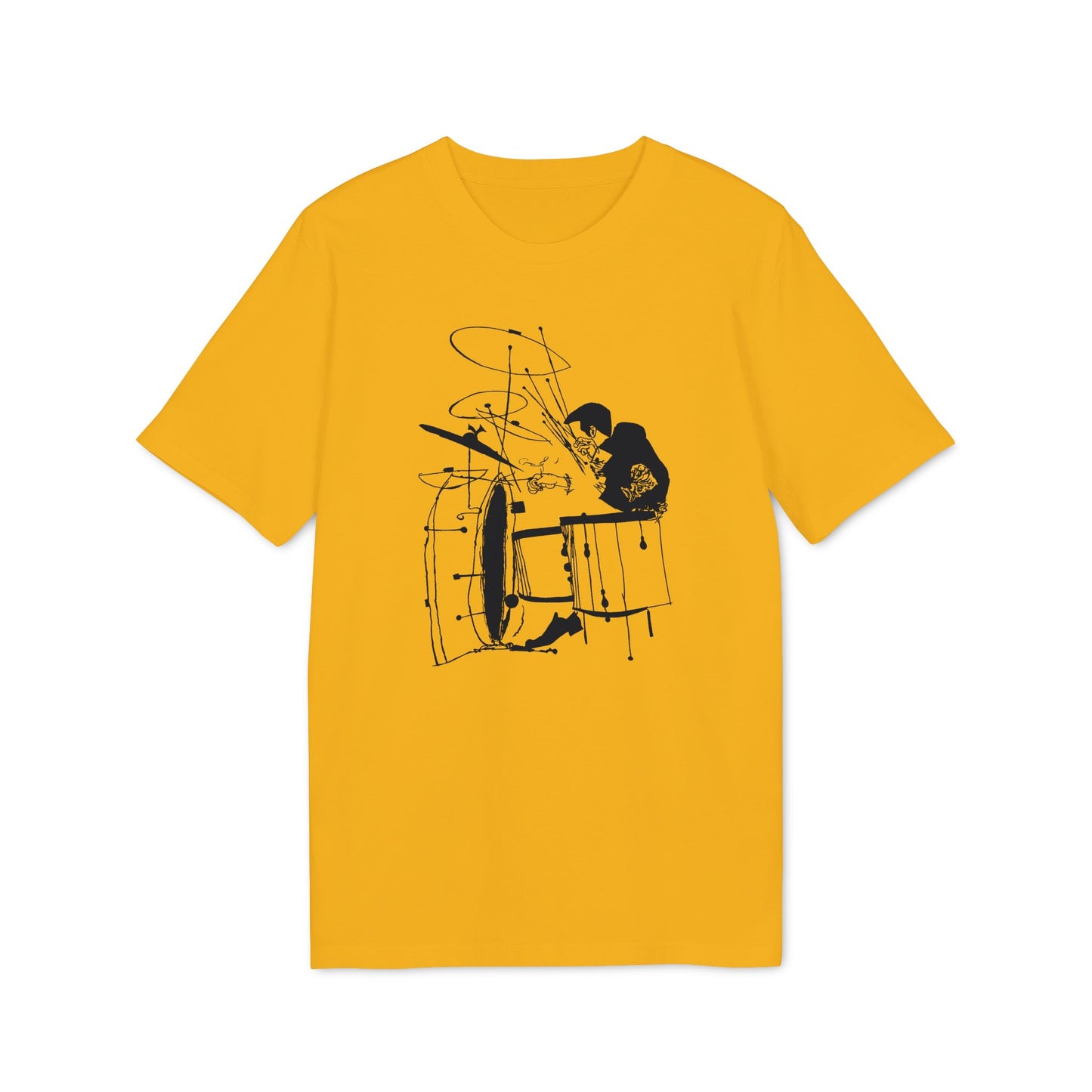Black line art of a drummer on a yellow t-shirt.