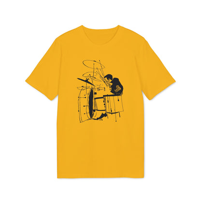 Black line art of a drummer on a yellow t-shirt.