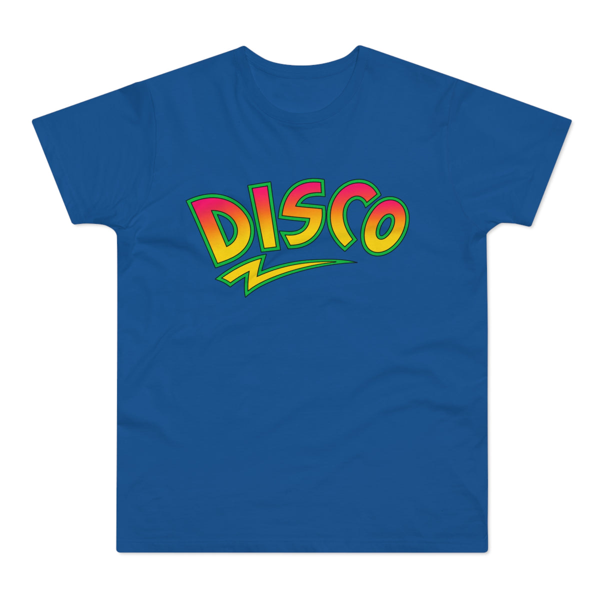 Blue t-shirt with "DISCO" text in neon gradient and lightning bolt graphic.