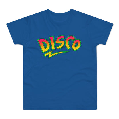Blue t-shirt with "DISCO" text in neon gradient and lightning bolt graphic.