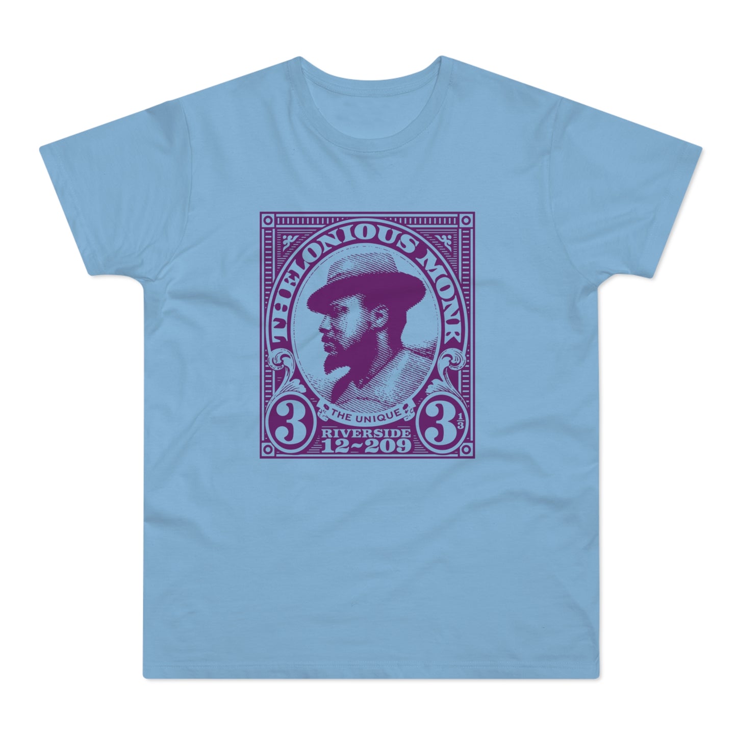 Light blue t-shirt featuring a purple stamp design with Thelonious Monk.
