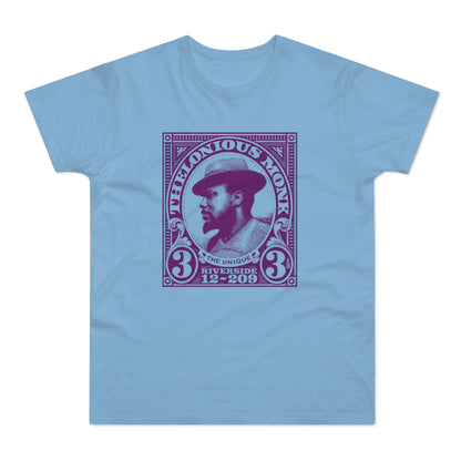 Light blue t-shirt featuring a purple stamp design with Thelonious Monk.