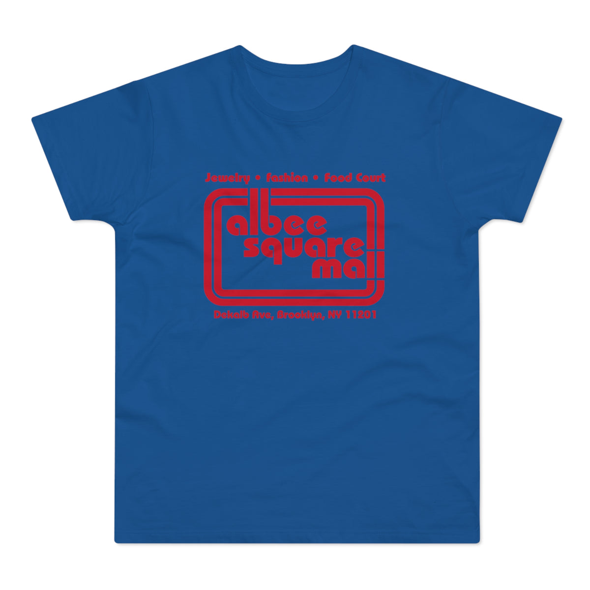 Blue t-shirt with red "Albee Square Mall" logo and address.
