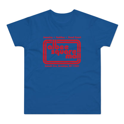 Blue t-shirt with red "Albee Square Mall" logo and address.