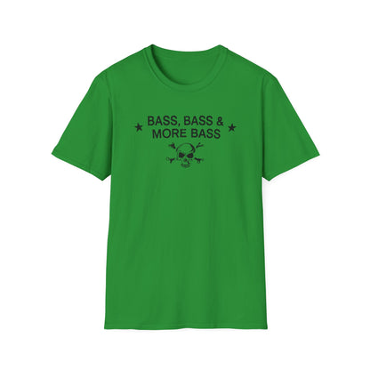 Green t-shirt with black text "BASS, BASS & MORE BASS" and a skull.