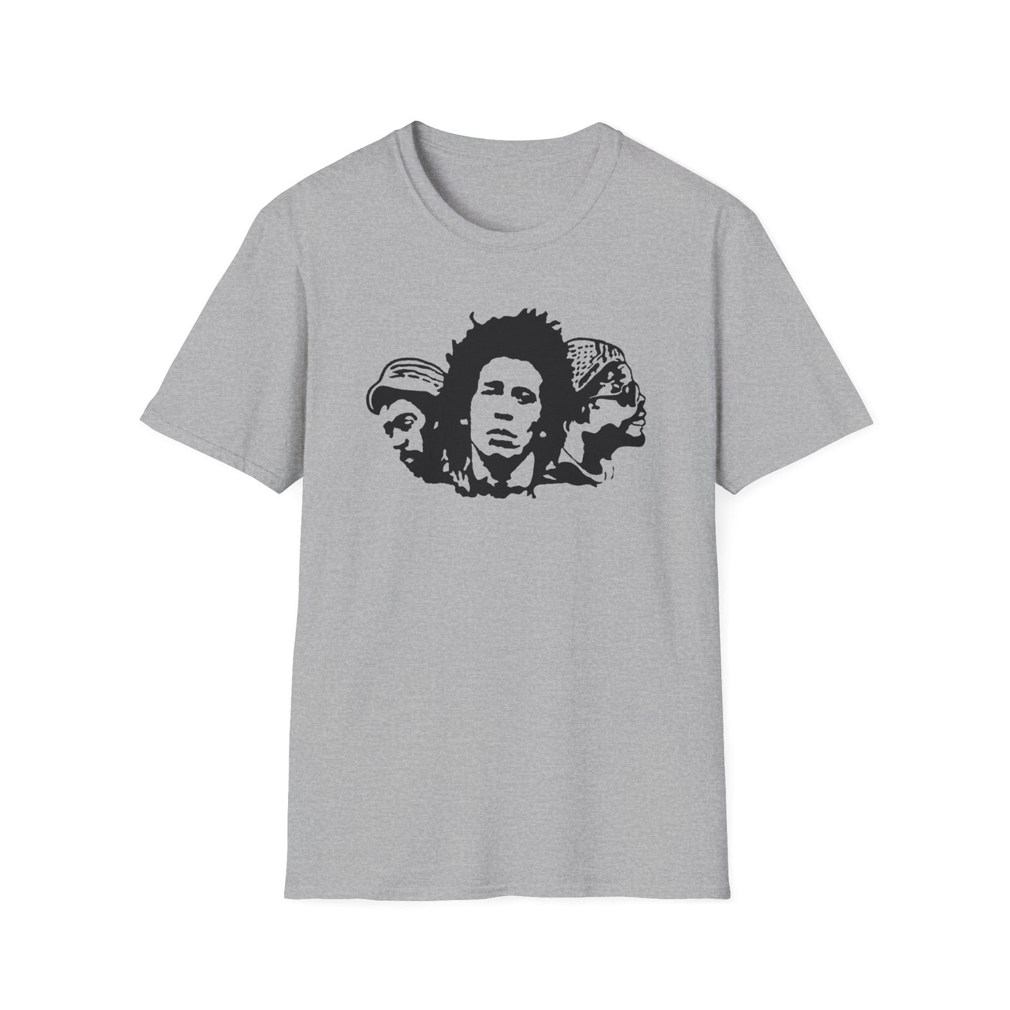 Grey t-shirt with black graphic of three figures wearing headwear.