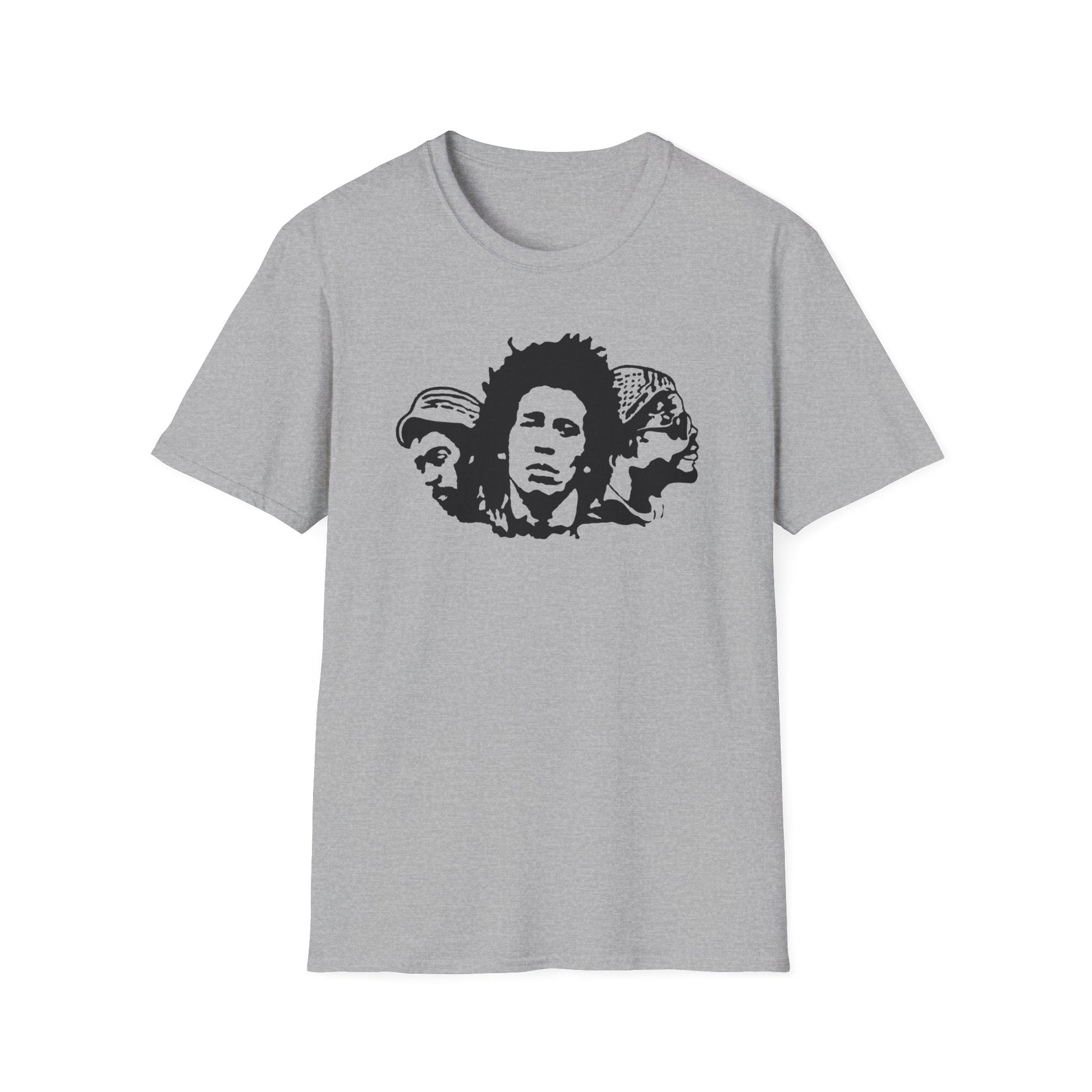 Grey t-shirt with black graphic of three figures wearing headwear.