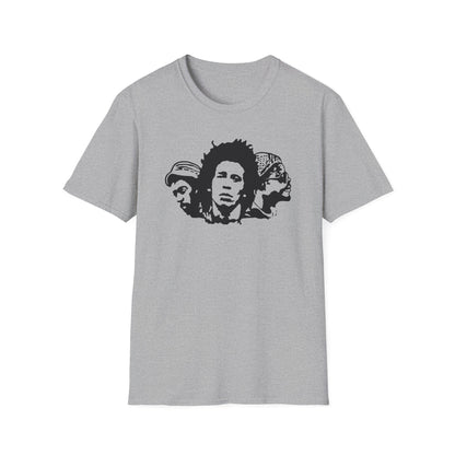 Grey t-shirt with black graphic of three figures wearing headwear.
