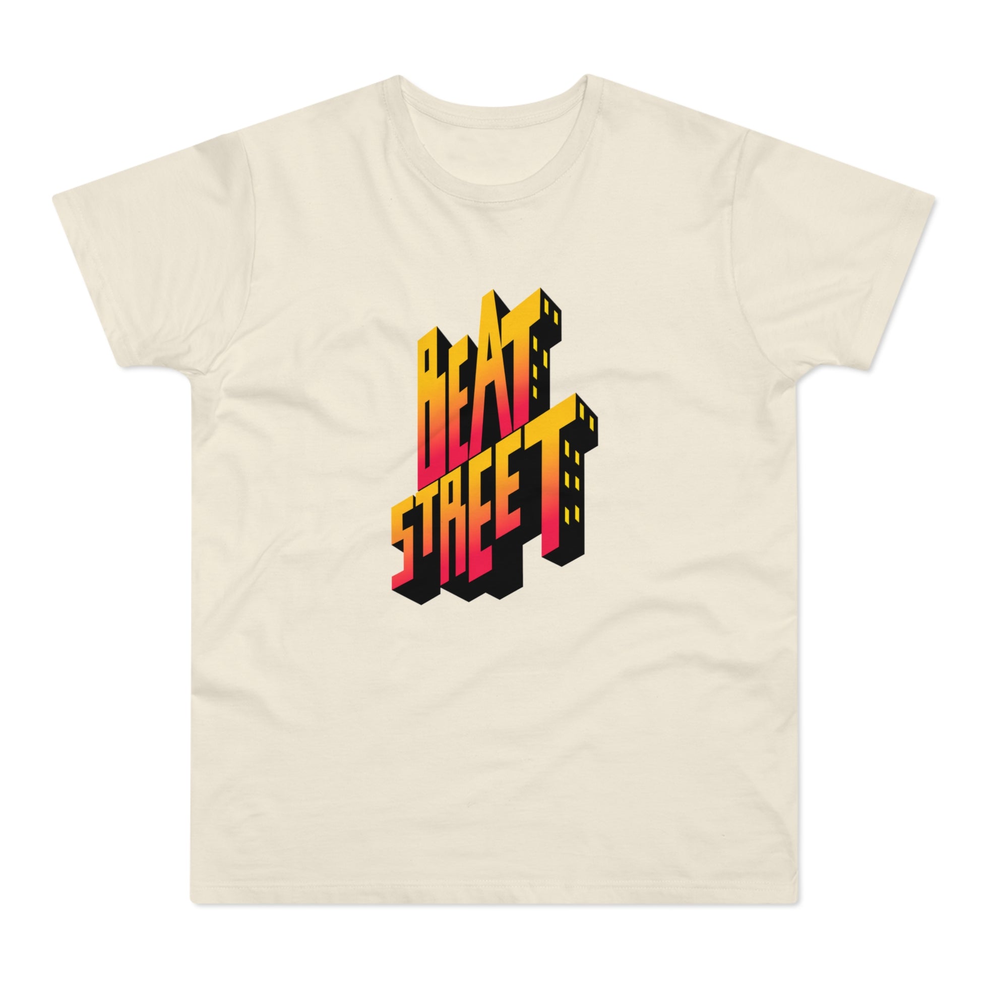 Cream t-shirt with 3D "Beat Street" text graphic in yellow and red.
