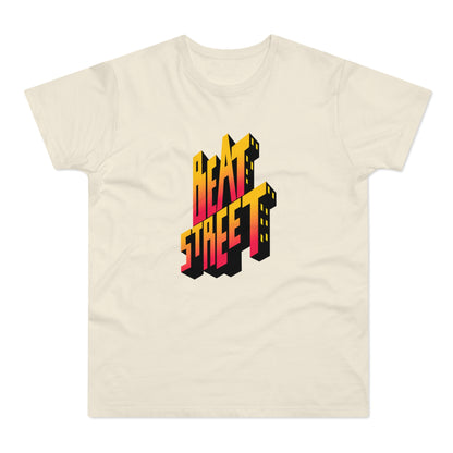Cream t-shirt with 3D "Beat Street" text graphic in yellow and red.