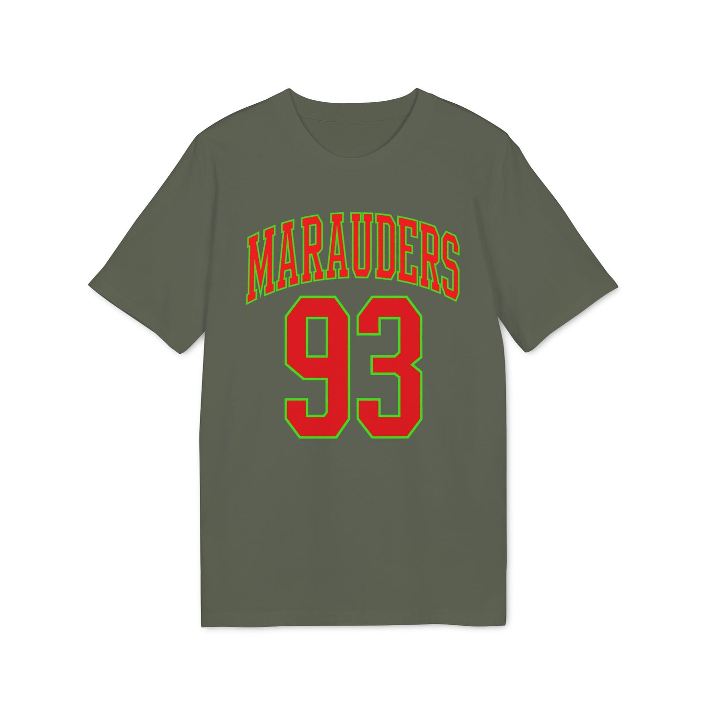 Green t-shirt with red "Marauders" text and red "93" number outlined in green.