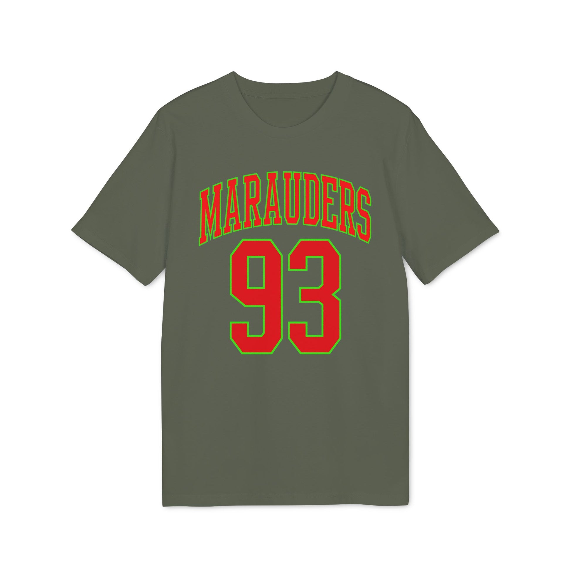 Green t-shirt with red "Marauders" text and red "93" number outlined in green.