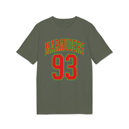 Green t-shirt with red "Marauders" text and red "93" number outlined in green.