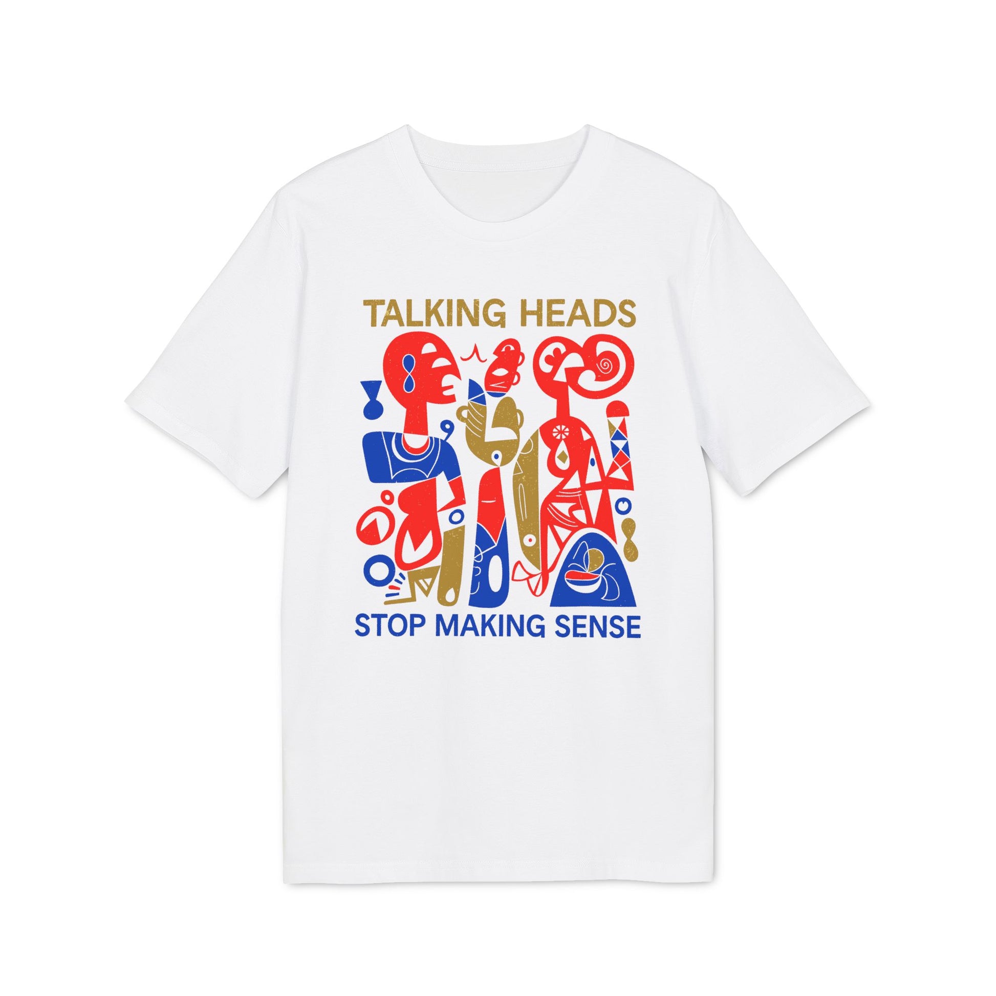 White t-shirt with gold "TALKING HEADS" text and abstract figures, "STOP MAKING SENSE".