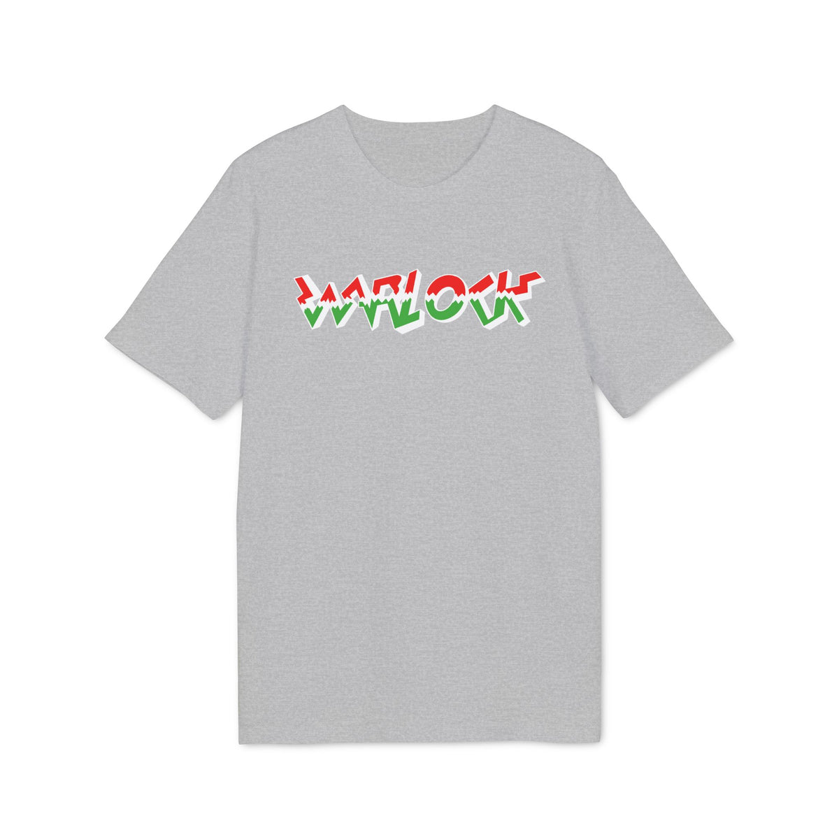 A short-sleeved grey t-shirt featuring the word WARLOCK printed in red and green jagged letters across the chest.