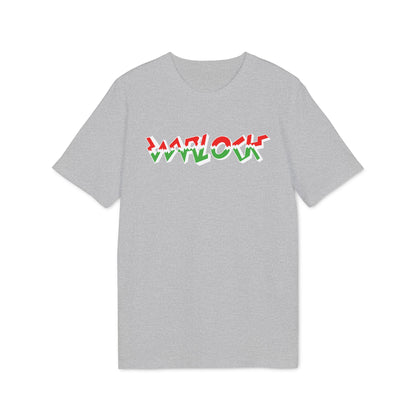 A short-sleeved grey t-shirt featuring the word WARLOCK printed in red and green jagged letters across the chest.