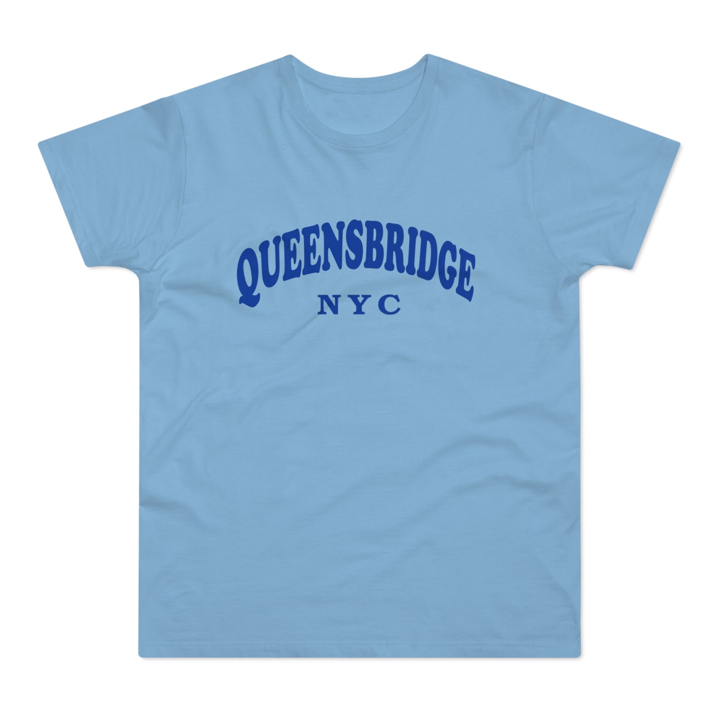 Light blue t-shirt with "QUEENSBRIDGE NYC" in dark blue arched text.