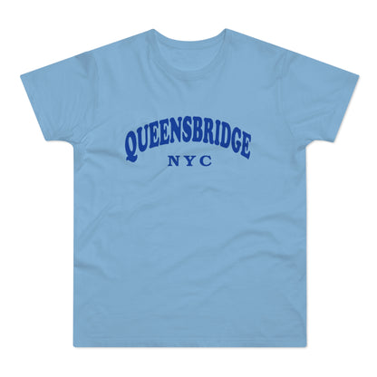 Light blue t-shirt with "QUEENSBRIDGE NYC" in dark blue arched text.