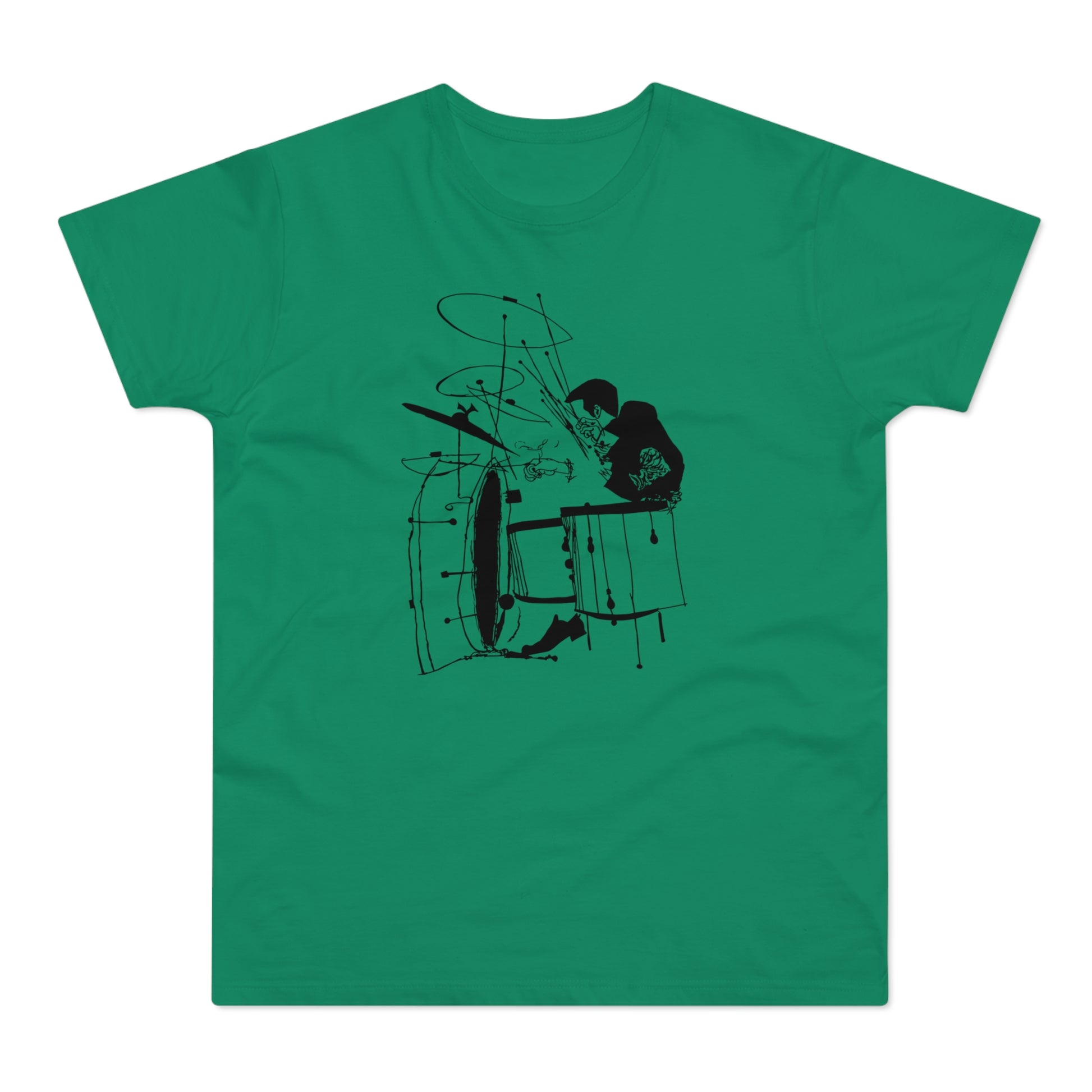 Black illustration of a drummer playing a drum set on a green shirt.