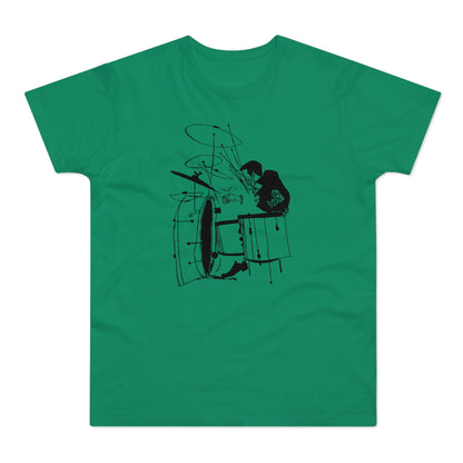 Black illustration of a drummer playing a drum set on a green shirt.