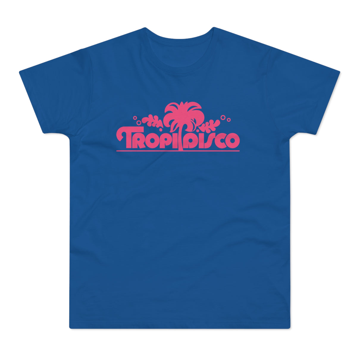 Blue t-shirt with a pink "Tropi Disco" graphic featuring a palm tree and circles.