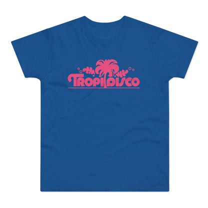 Blue t-shirt with a pink "Tropi Disco" graphic featuring a palm tree and circles.