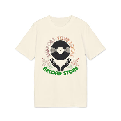 T-shirt with "Support Your Local Record Store" text and vinyl record graphic.