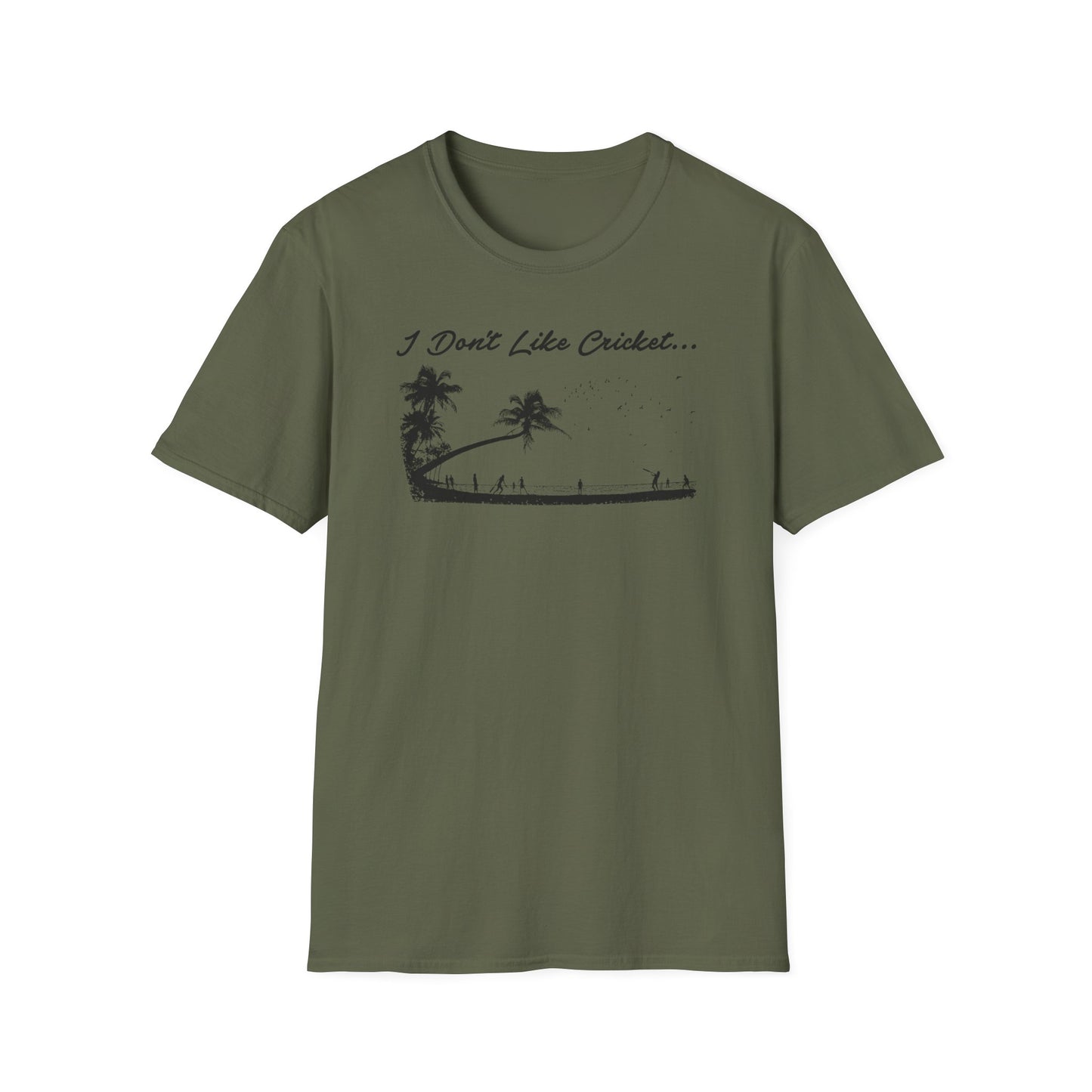 Green t-shirt with black graphic of palm trees, people, and birds, and text "I Don't Like Cricket...".