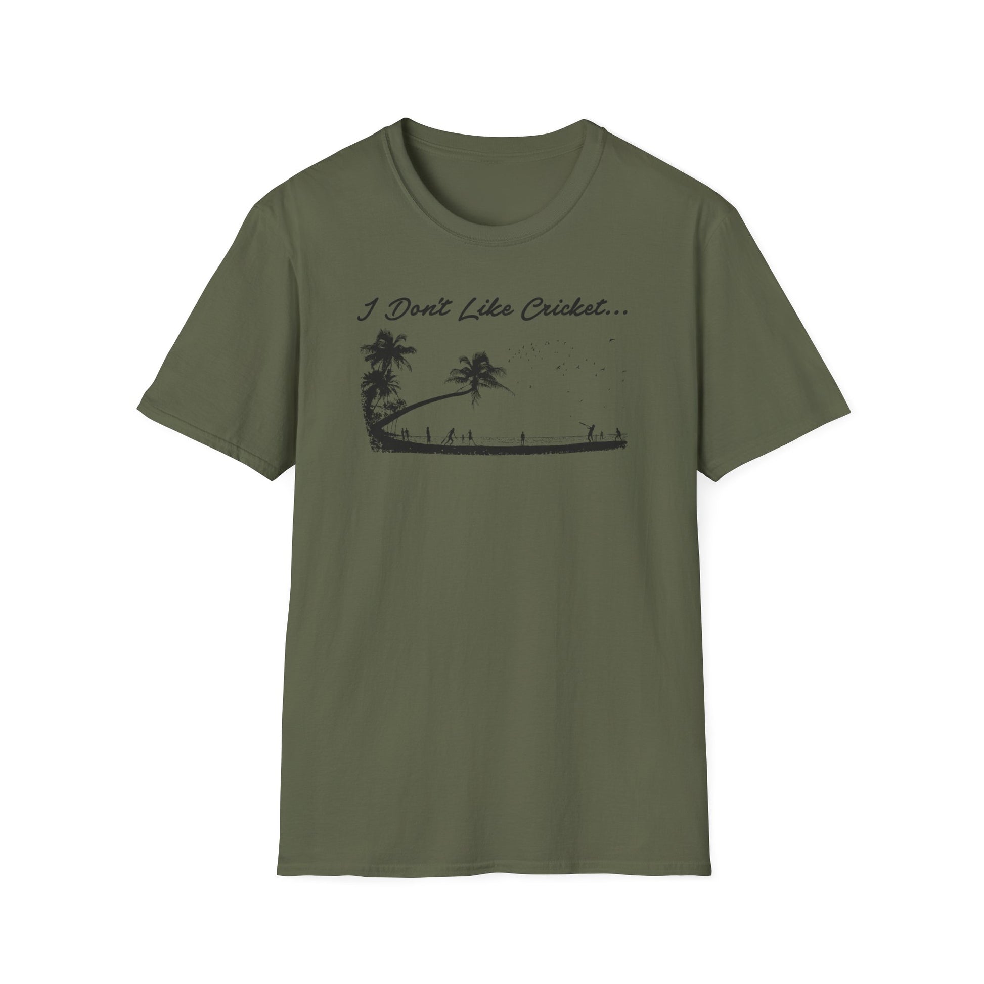 Green t-shirt with black graphic of palm trees, people, and birds, and text "I Don't Like Cricket...".