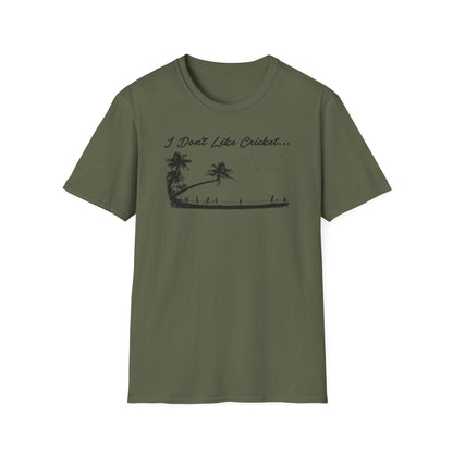 Green t-shirt with black graphic of palm trees, people, and birds, and text "I Don't Like Cricket...".