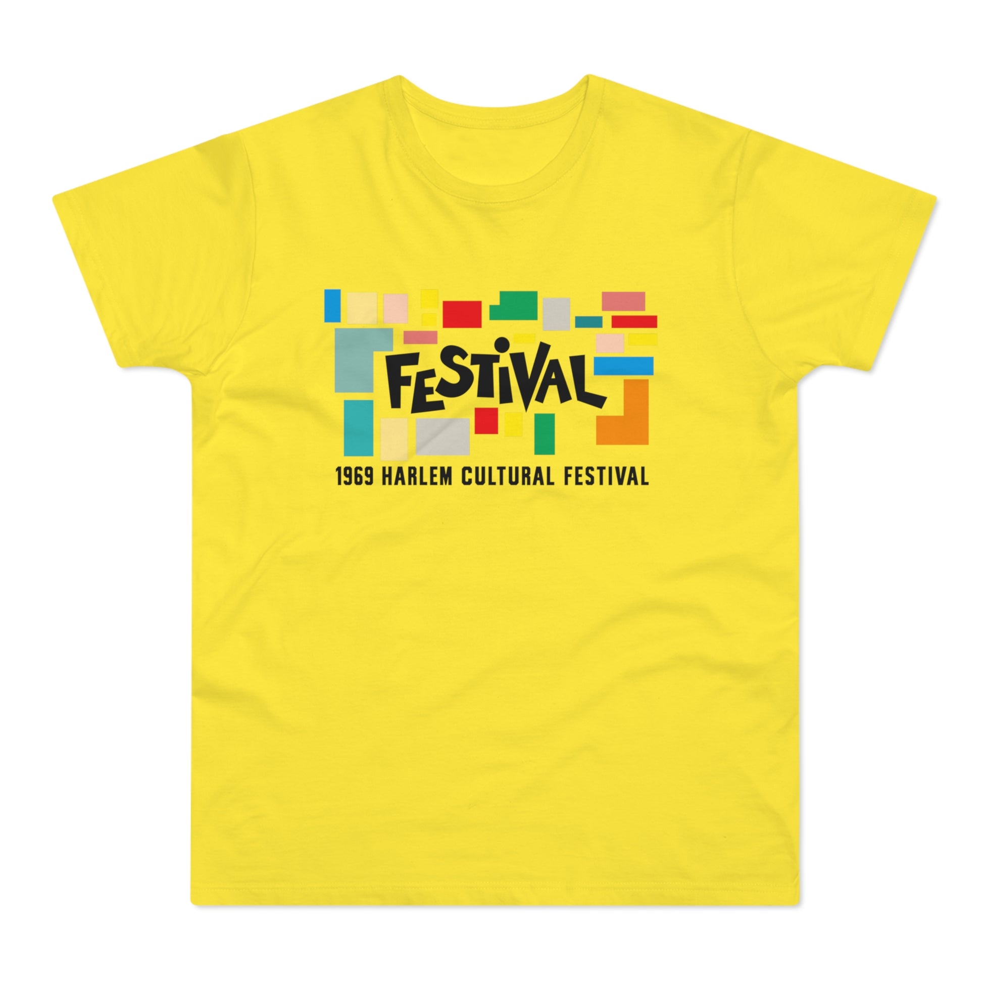 Yellow t-shirt with colorful blocks and "FESTIVAL 1969 Harlem Cultural Festival" text.