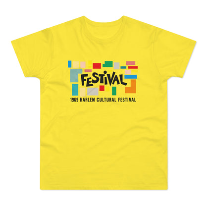 Yellow t-shirt with colorful blocks and "FESTIVAL 1969 Harlem Cultural Festival" text.