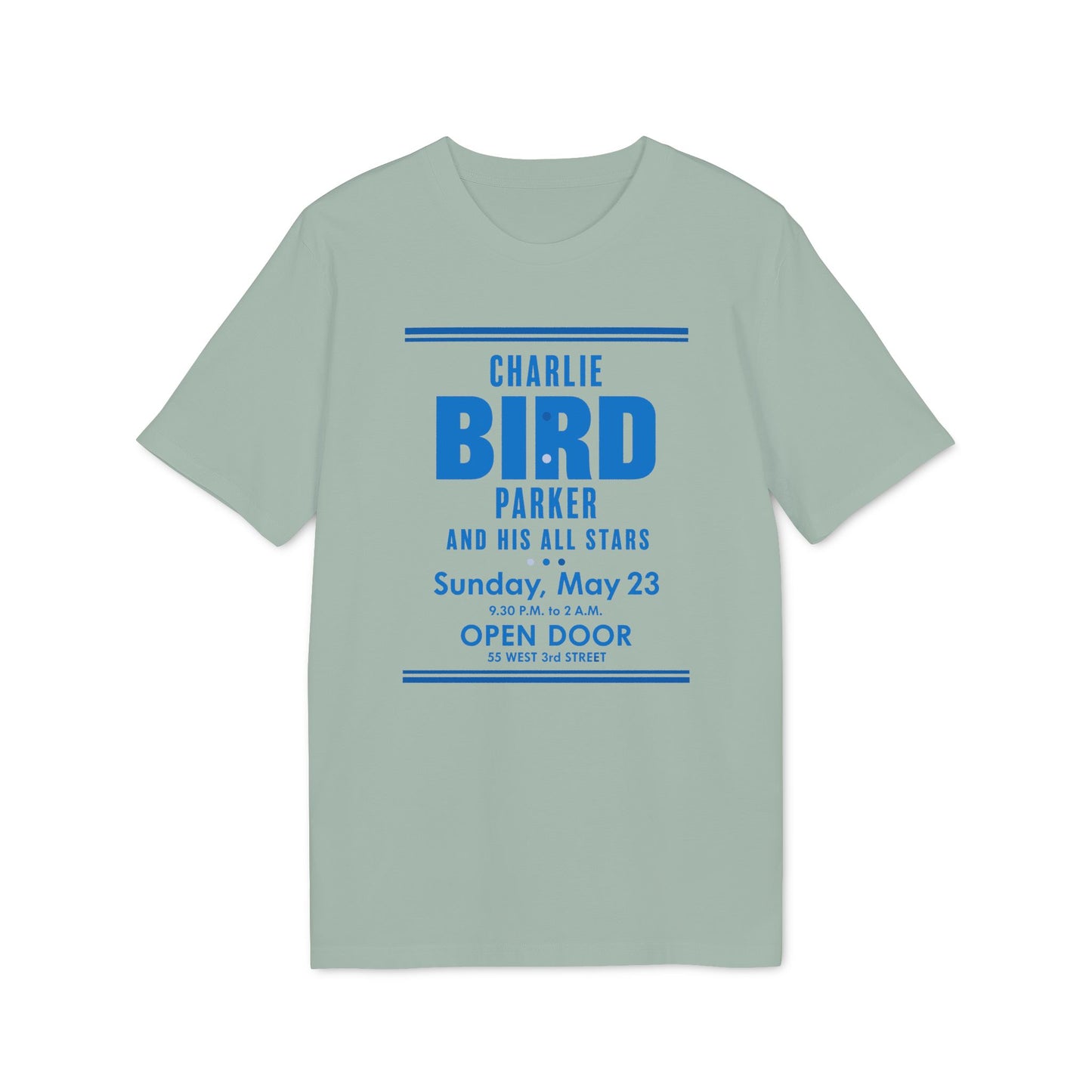 T-shirt with Charlie Bird Parker and His All Stars concert announcement.