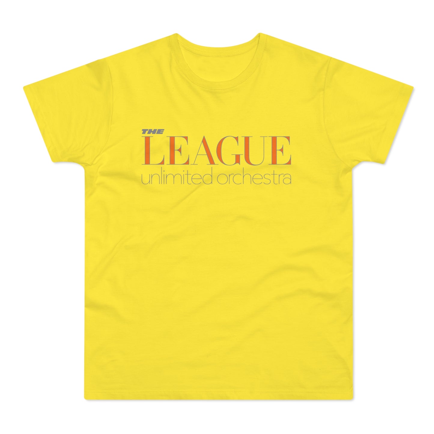 Yellow t-shirt with "THE LEAGUE unlimited orchestra" text.